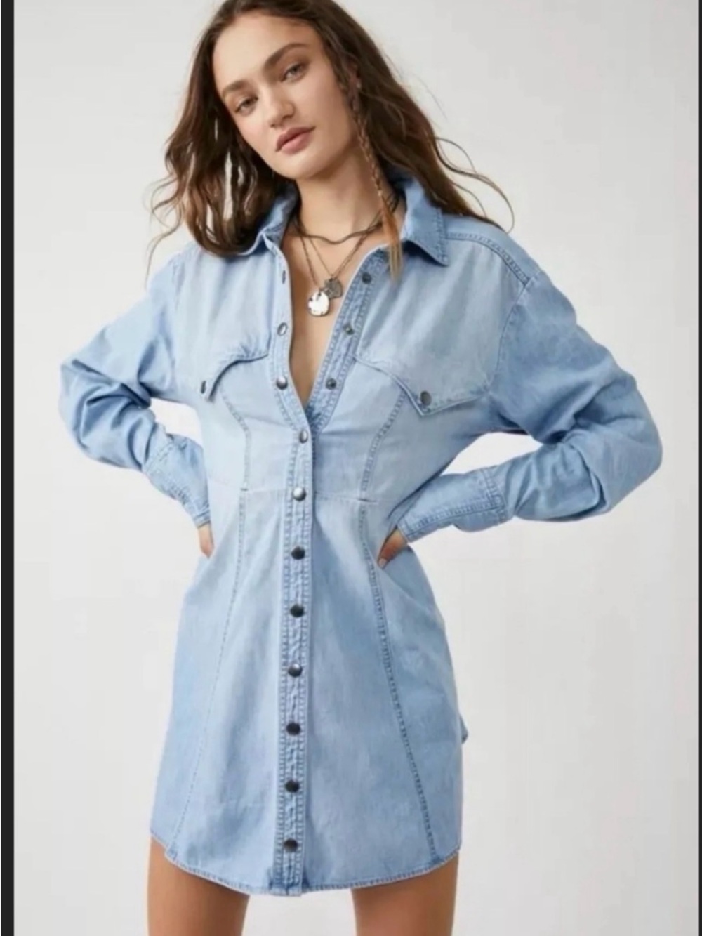 We the Free People Sammie  Blue Denim Western Shirt Dress Size M